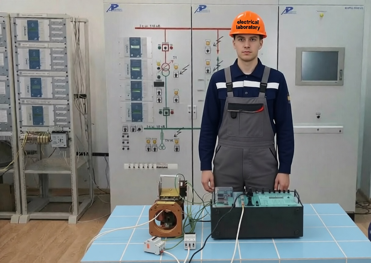 Специалист проводит испытание автоматического выключателя комплексом Сатурн-М1